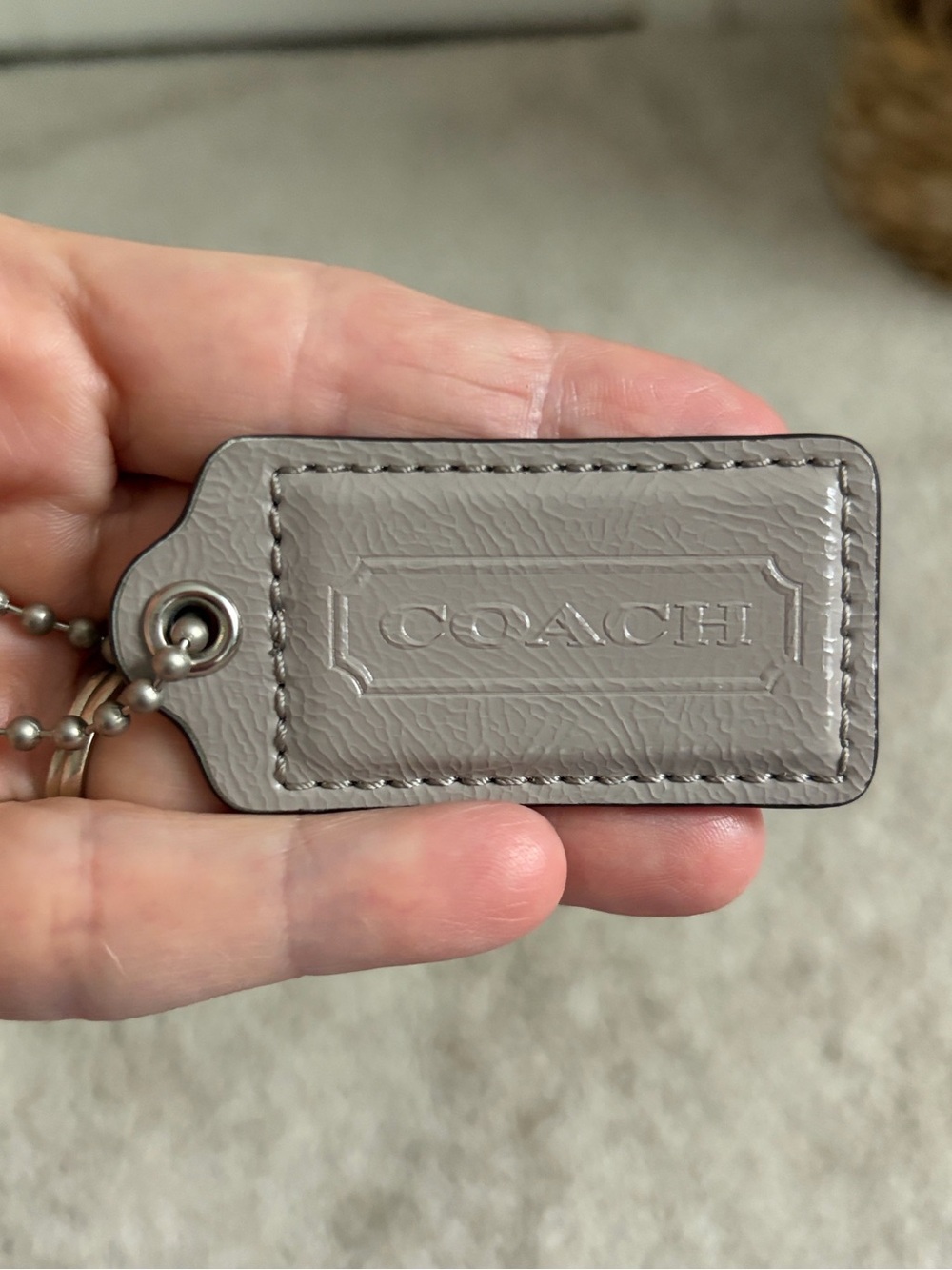 Coach Leather HangTag in Taupe Gray patent leather